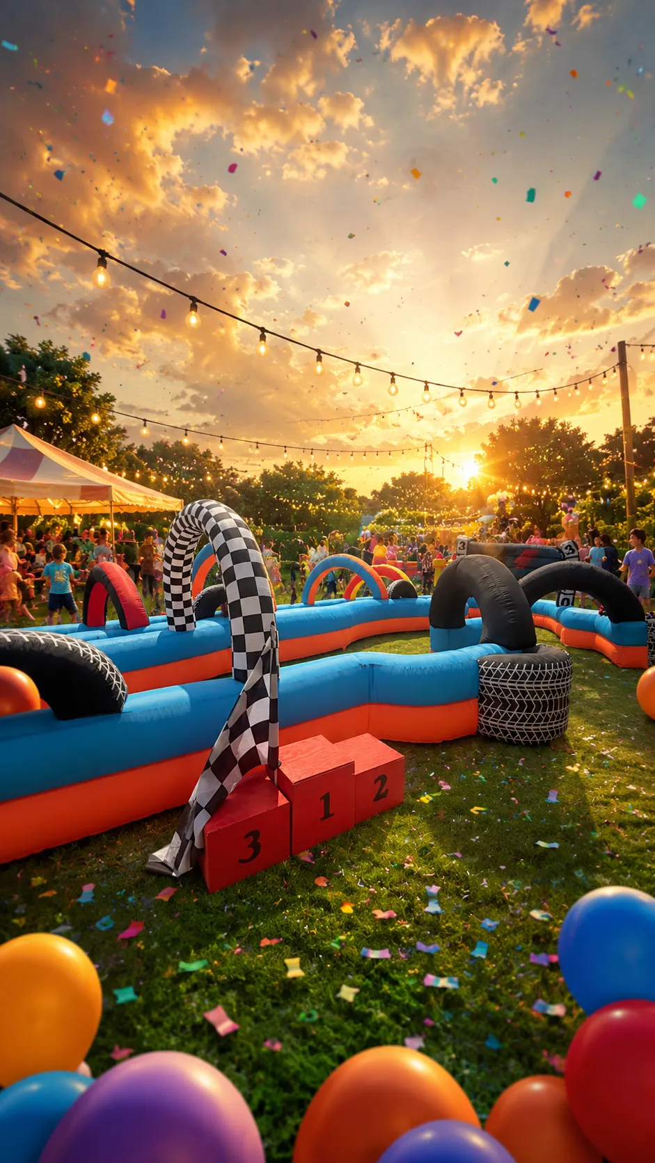 Niños corriendo en pista inflable de Go Karts