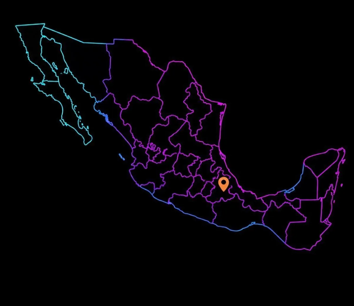 Sleek neon map graphic representing Mexico