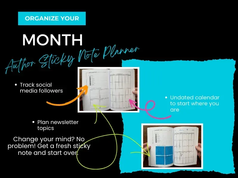 Monthly Author Sticky Note Planner layout showing social media tracking, newsletter planning, and undated calendar pages for organizing an author business.