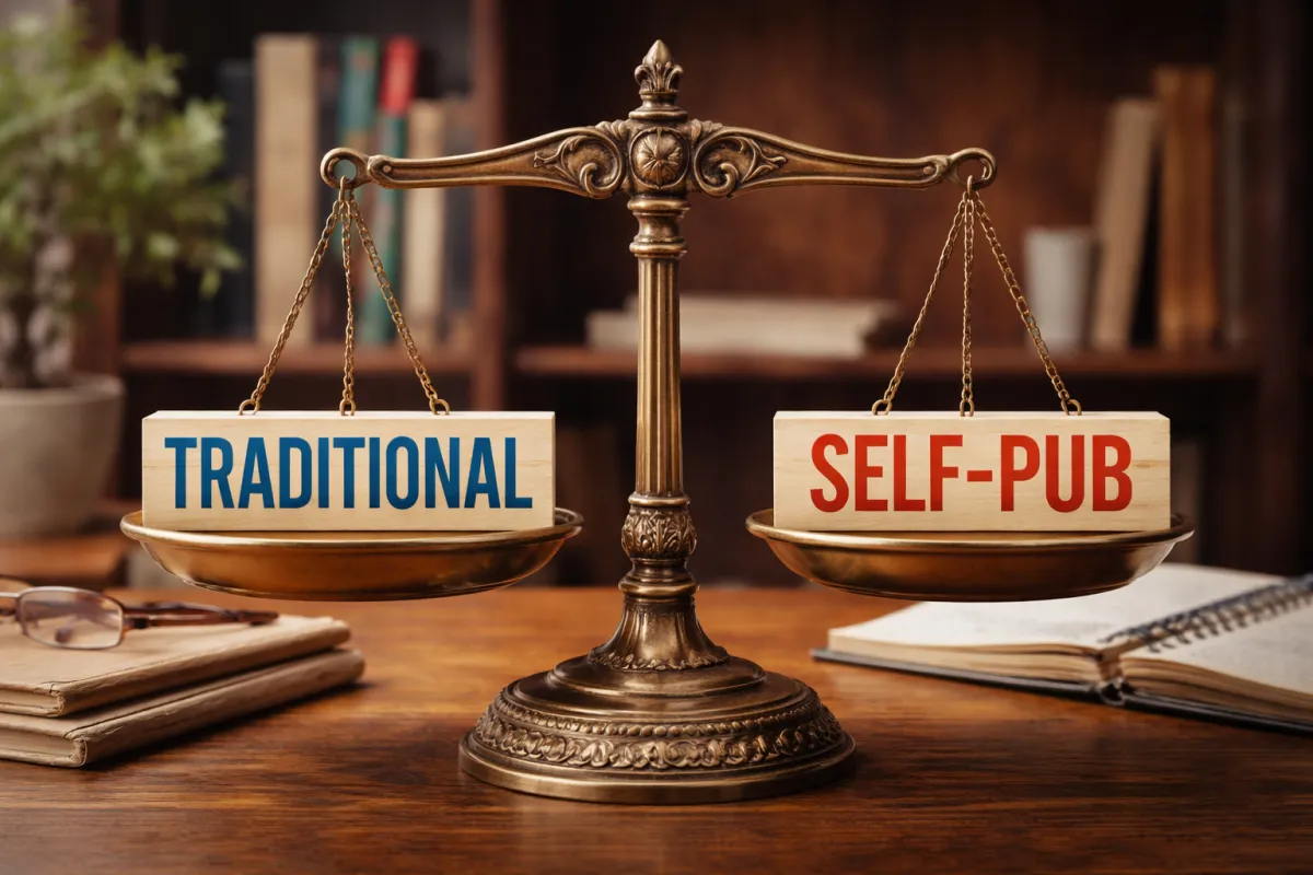 Vintage balance scale weighing traditional publishing against self-publishing for authors choosing a publishing path.