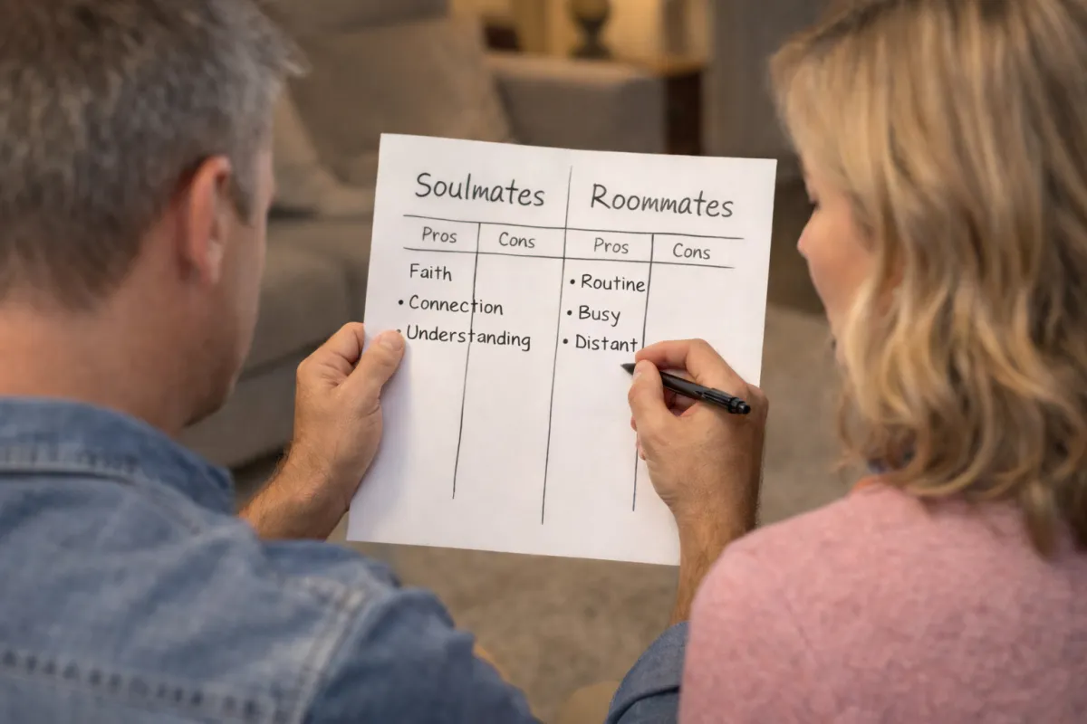  Couple reviewing a handwritten list labeled soulmates and roommates with words like faith, connection, and routine, reflecting on emotional connection in marriage
