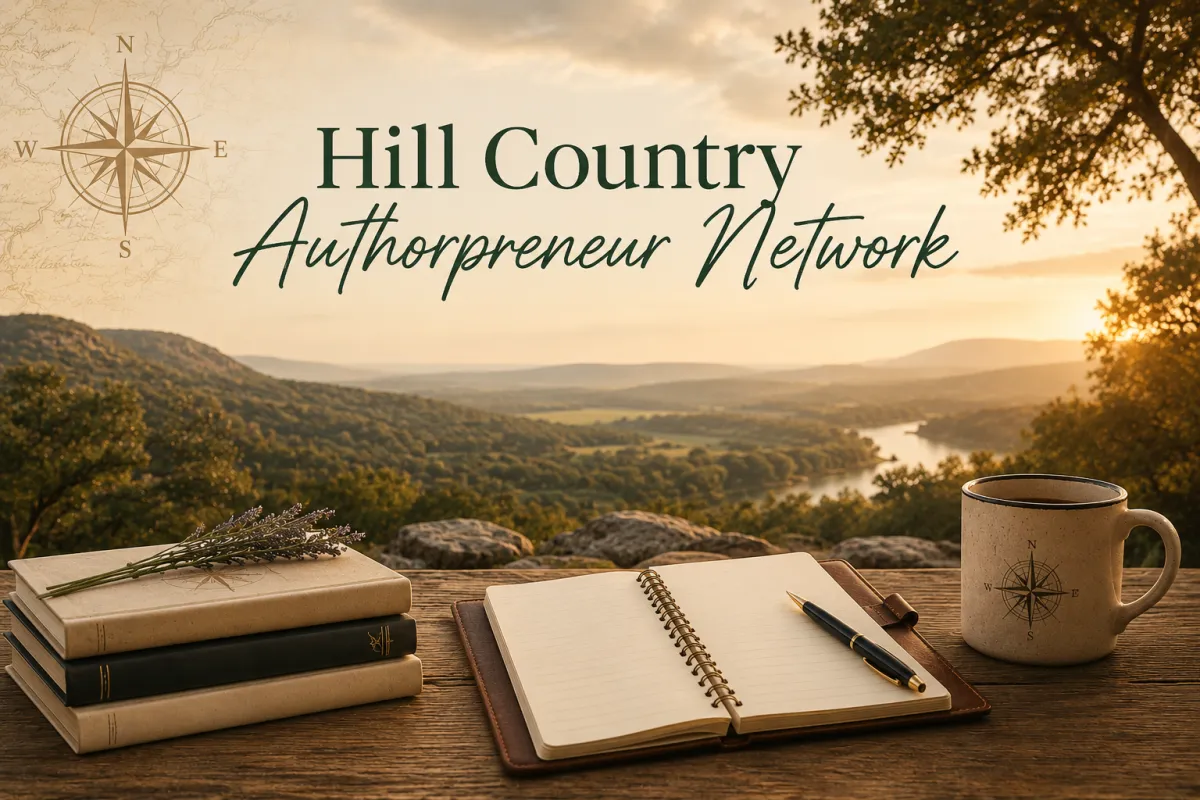 Hill Country Authorpreneur Network banner featuring a scenic Texas Hill Country overlook with a notebook, books, compass mug, and warm sunset tones representing connection, writing, and the business side of publishing.