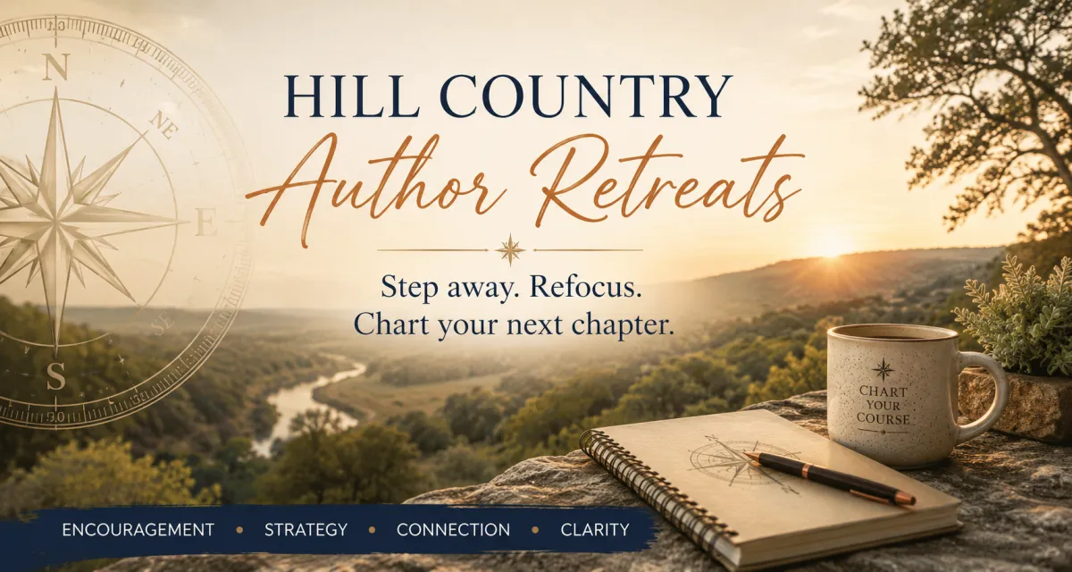 Banner image for Hill Country Author Retreats featuring a warm sunrise over the Texas Hill Country, a subtle compass overlay, and a notebook and coffee mug on a stone ledge. Text reads: “Hill Country Author Retreats. Step away. Refocus. Chart your next chapter.” Along the bottom: “Encouragement, Strategy, Connection, Clarity.