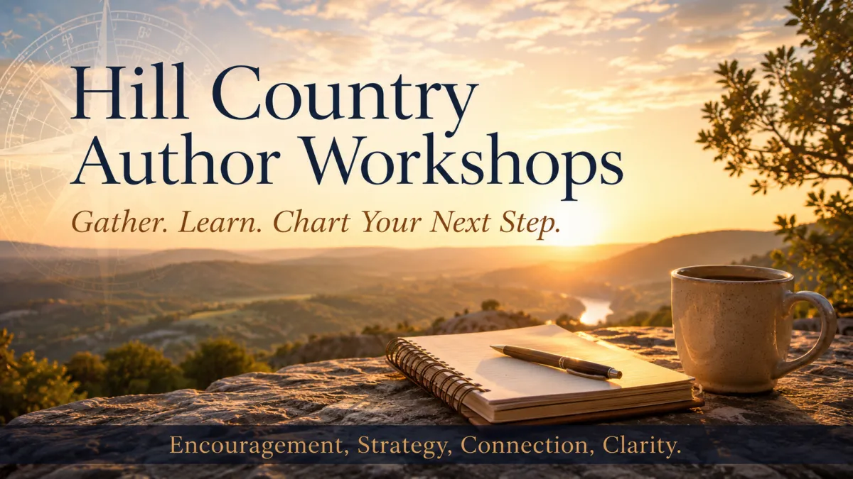 Banner image for Hill Country Author Workshops featuring a warm sunrise over the Texas Hill Country, a subtle compass overlay, and a notebook and coffee mug on a stone ledge. Text reads: “Hill Country Author Retreats. Step away. Refocus. Chart your next chapter.” Along the bottom: “Encouragement, Strategy, Connection, Clarity.