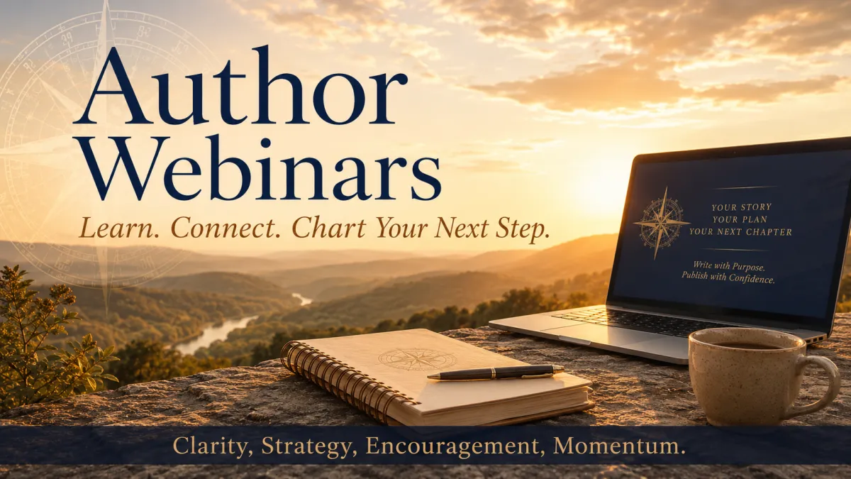 Banner image for Hill Country Author Workshops featuring a warm sunrise over the Texas Hill Country, a subtle compass overlay, and a notebook and coffee mug on a stone ledge. Text reads: “Hill Country Author Retreats. Step away. Refocus. Chart your next chapter.” Along the bottom: “Encouragement, Strategy, Connection, Clarity.