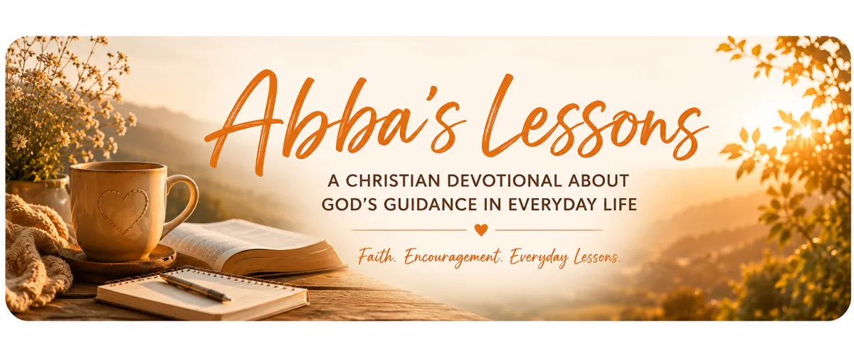 Abba’s Lessons Christian devotional banner with sunrise, open Bible, journal, and warm orange tones.