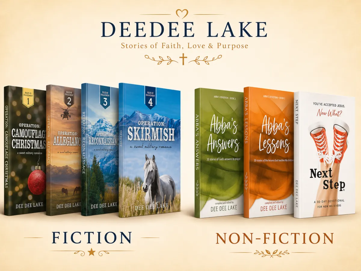 DeeDee Lake fiction and nonfiction book collection graphic with clean romance and Christian devotional books.
