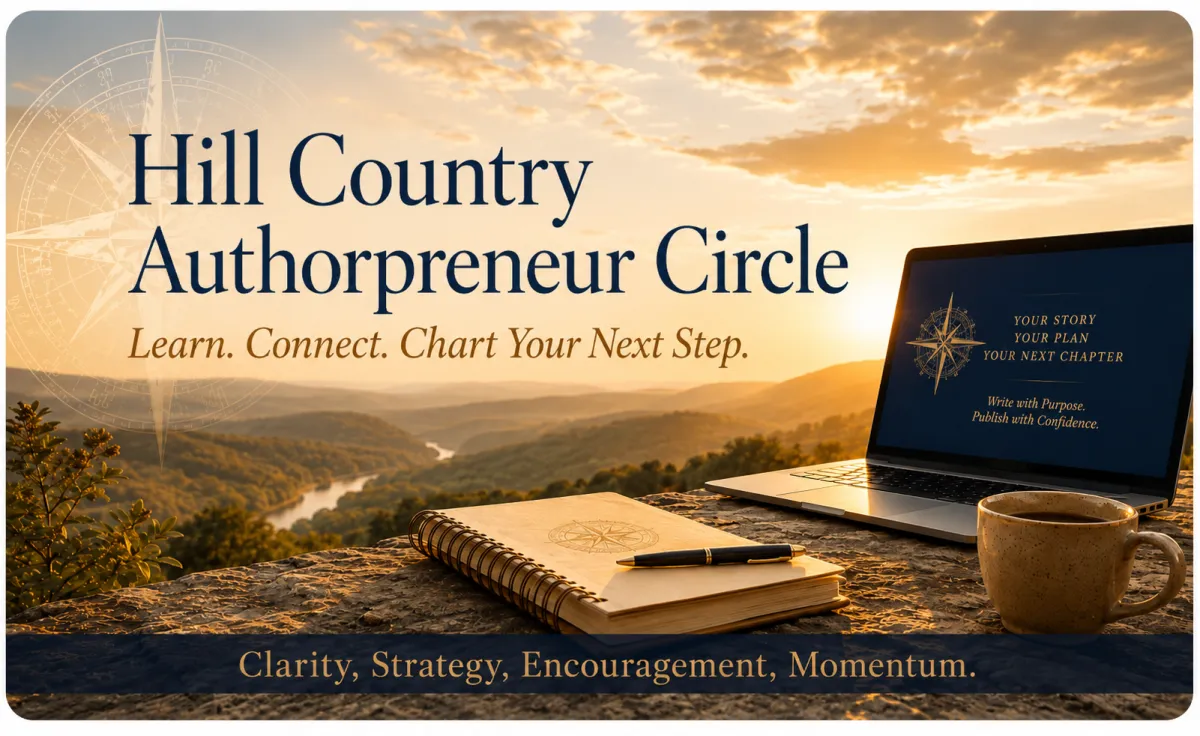 Banner image for Hill Country Author Workshops featuring a warm sunrise over the Texas Hill Country, a subtle compass overlay, and a notebook and coffee mug on a stone ledge. Text reads: “Hill Country Author Retreats. Step away. Refocus. Chart your next chapter.” Along the bottom: “Encouragement, Strategy, Connection, Clarity.