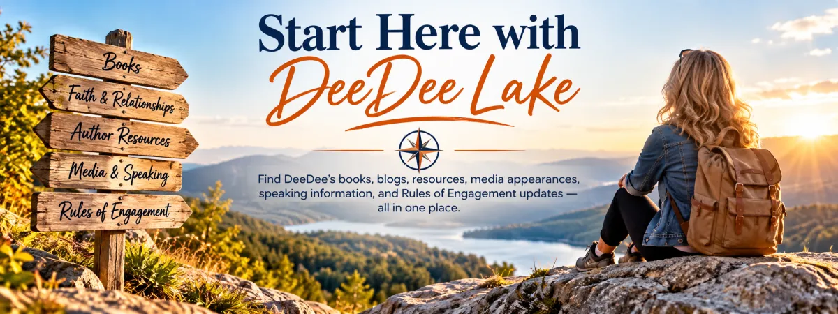 Banner reading “Start Here with DeeDee Lake” over a scenic mountain-and-lake overlook, with a wooden signpost listing books, faith and relationships, author resources, media and speaking, and Rules of Engagement, plus a woman sitting with a backpack at sunrise.