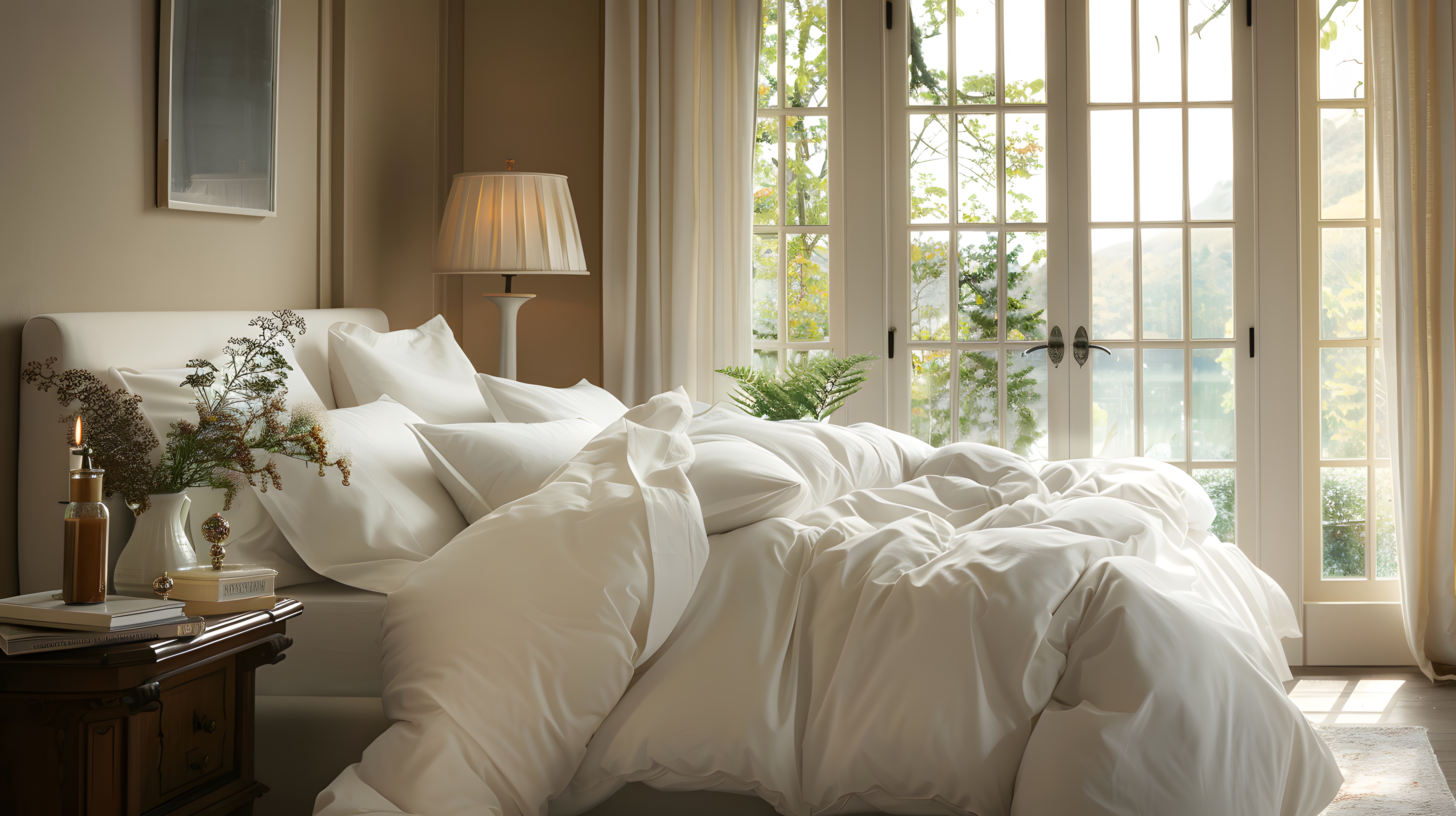 white bed linen with 2 white pillows