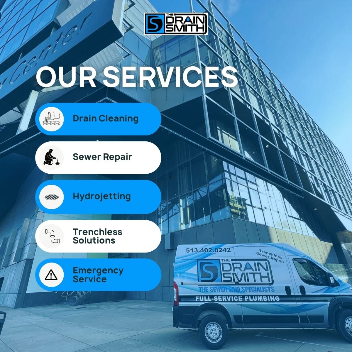 image showing our services and Call The Drain Smith Today Image Of a Drain Smith Service Truck in front of a commercial building in ohio