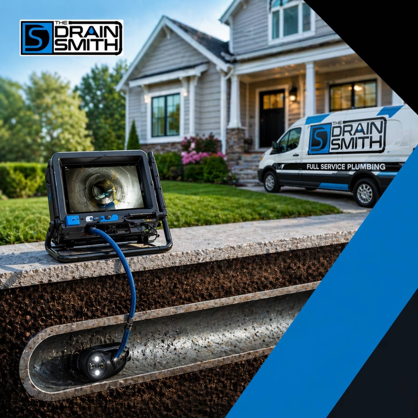 Drain Smith sewer camera inspection system and trenchless sewer repair service truck outside Cincinnati Ohio home.