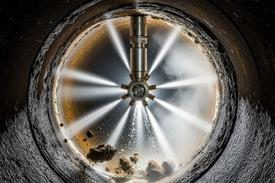 High pressure hydro jetting hose clearing grease roots and blockages in Cincinnati Ohio sewer line.