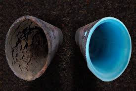 Side-by-side comparison of a corroded sewer pipe and a newly lined pipe, demonstrating trenchless sewer lining performed by The Drain Smith in Cincinnati, Ohio. Before and after photo of trenchless sewer lining by The Drain Smith in Cincinnati, showing a restored, smooth, durable pipe after epoxy lining