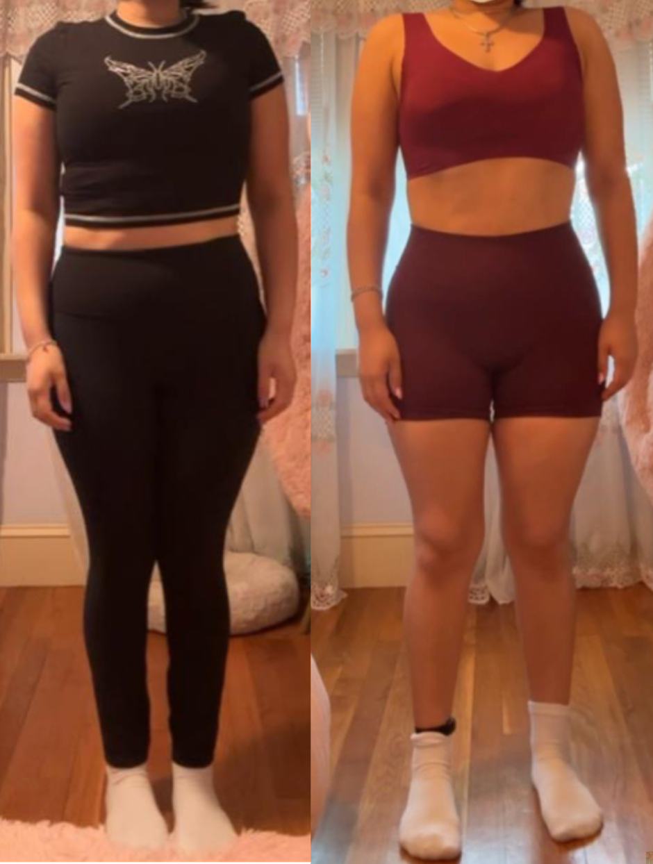 Jennie M before and after lower body transformation showing leg definition and fat loss results from fitness coaching