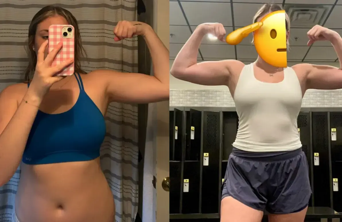 Anna W before and after gym mirror selfie showing weight loss and muscle gain results from Coach Keyed coaching program