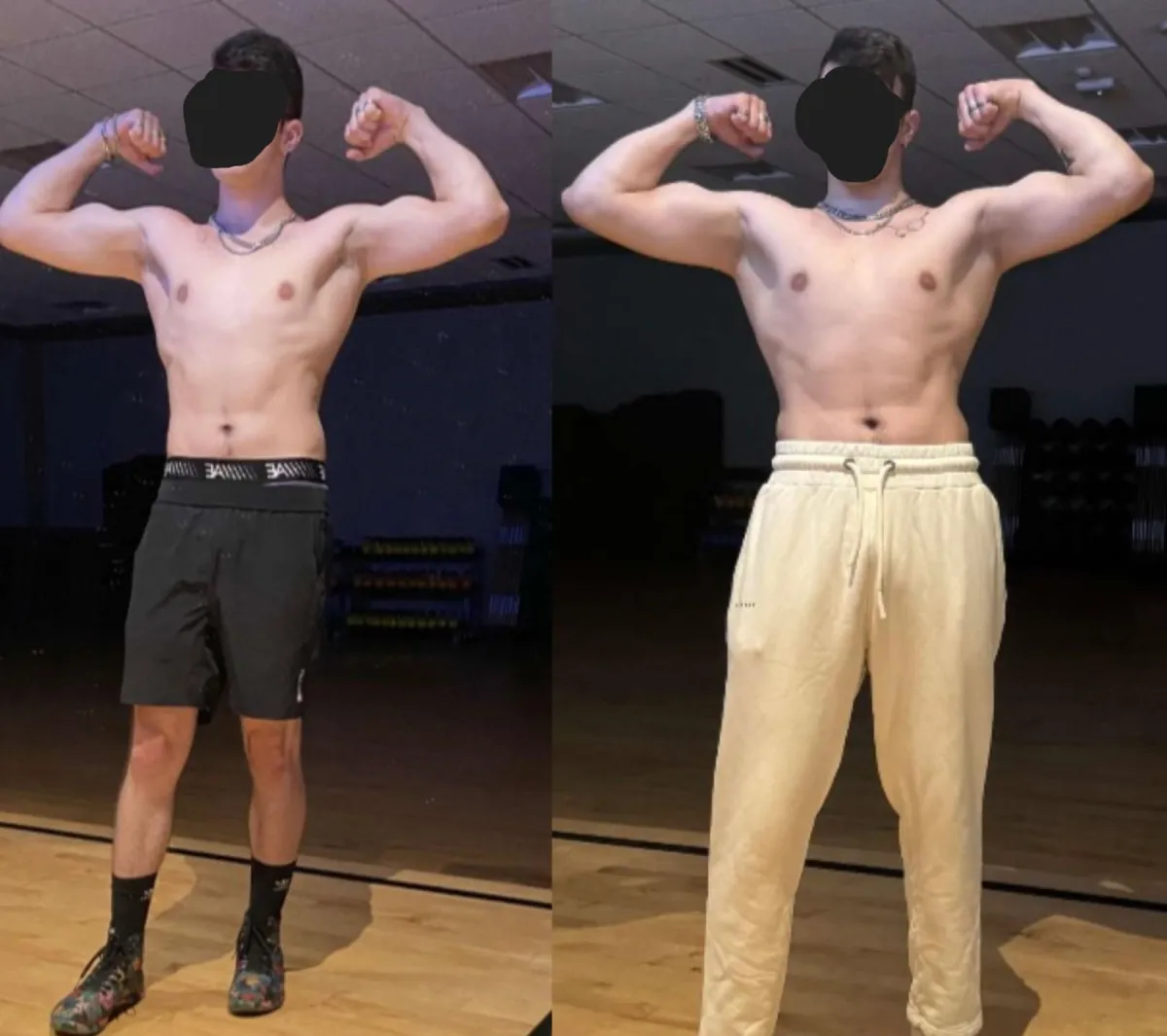 Chris P before and after back double bicep pose showing body recomposition and muscle definition results