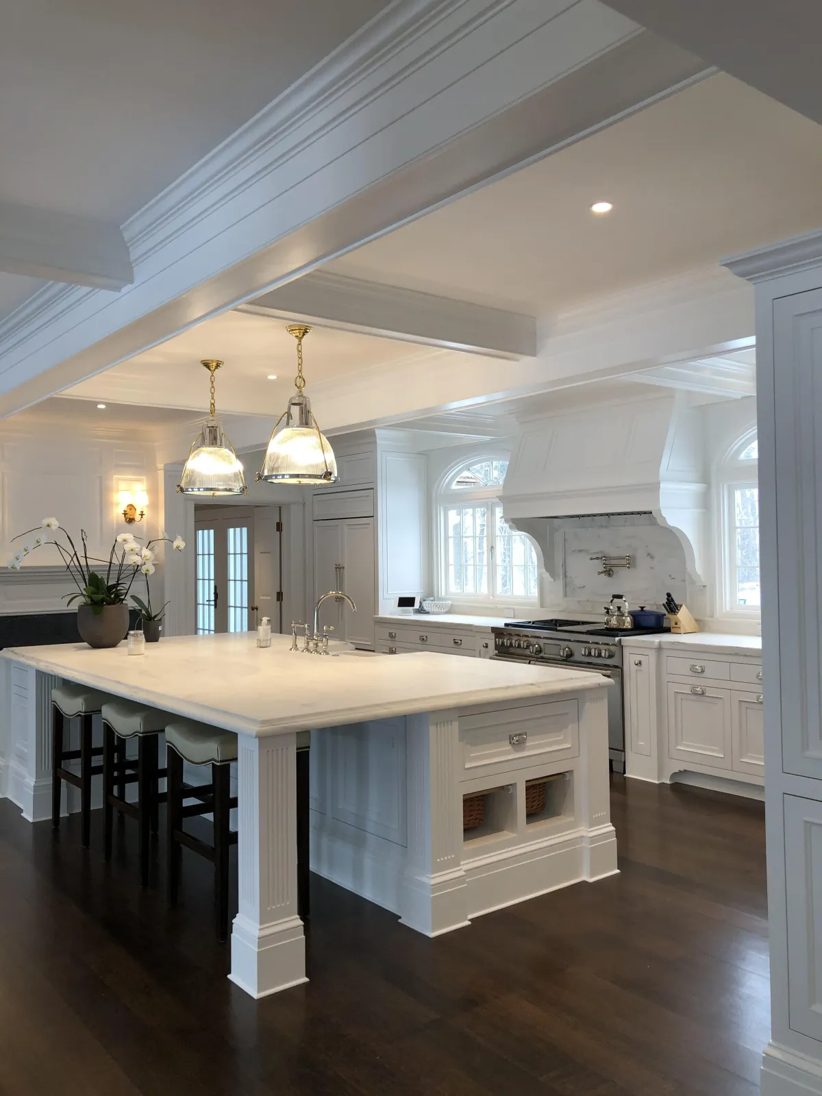 Scaffolding on building against a dark blue sky.
