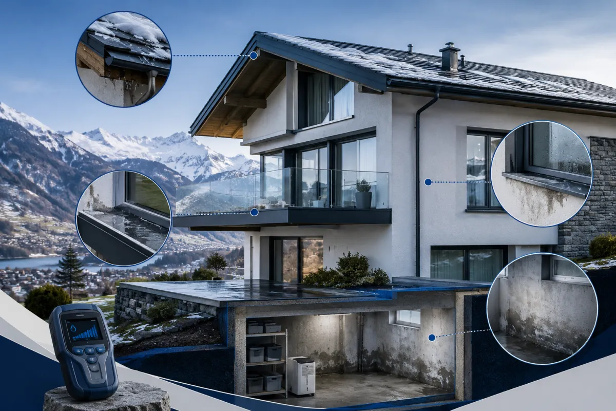 Maison en Valais avec zones d’infiltration possibles au niveau de la toiture, de la terrasse, de la façade et de la cave après la pluie ou la fonte des neiges