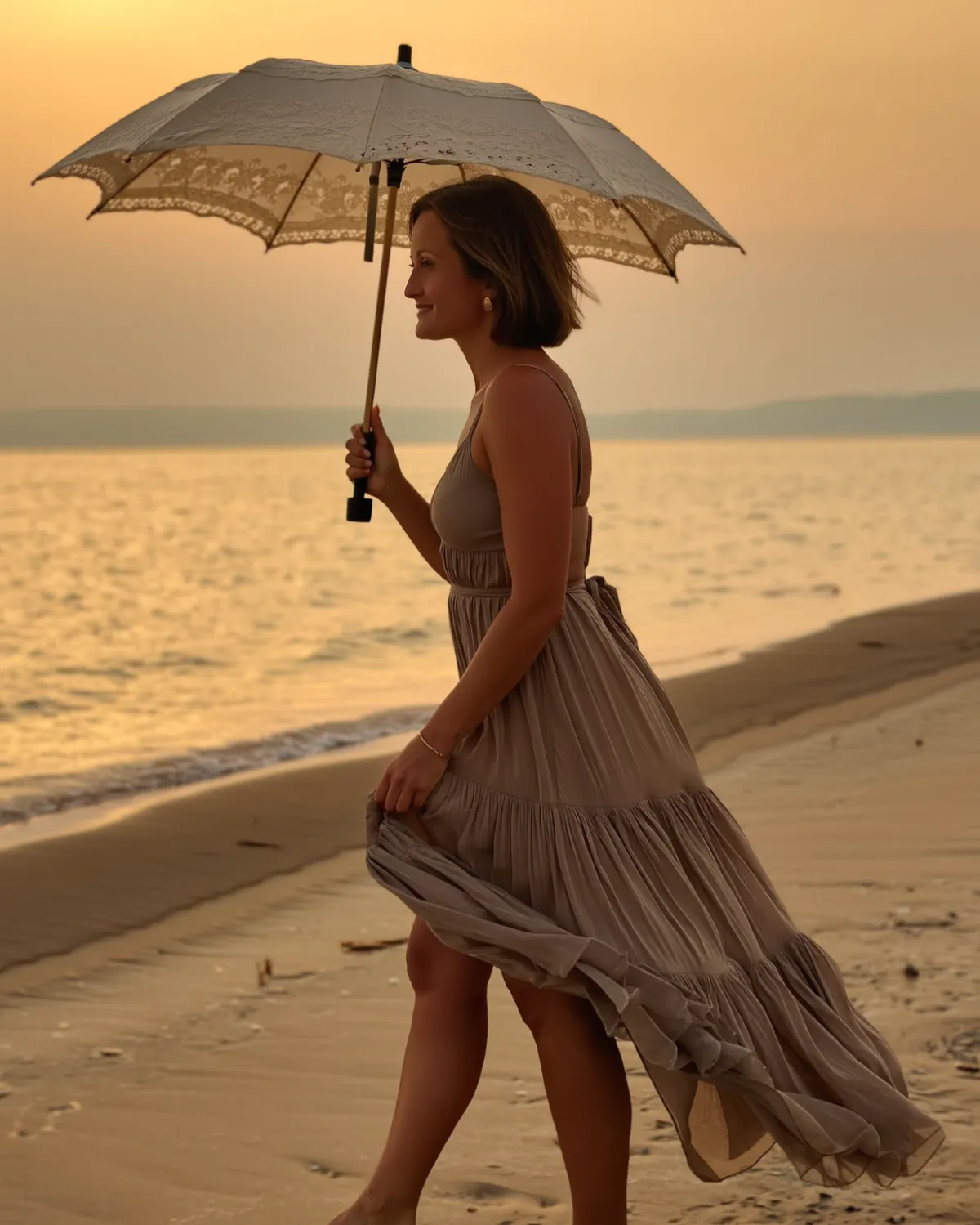 A woman standing in a stream holding a large bowl