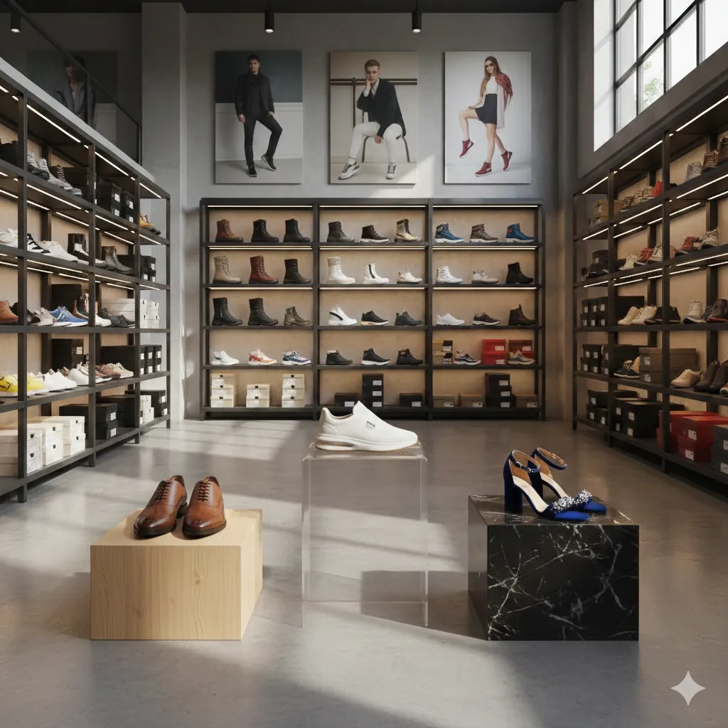 صورة واقعية لمجموعة من الملابس الفاخرة والمنسوجات والسجاد والجلود معروضة بشكل أنيق في معرض تجاري مضاء بإضاءة دافئة، تعكس جودة المنتجات وتنوعها، مع خلفية محايدة تبرز التفاصيل الفاخرة لكل منتج، النمط فوتوغرافي واقعي، نسبة العرض إلى الارتفاع 3:2