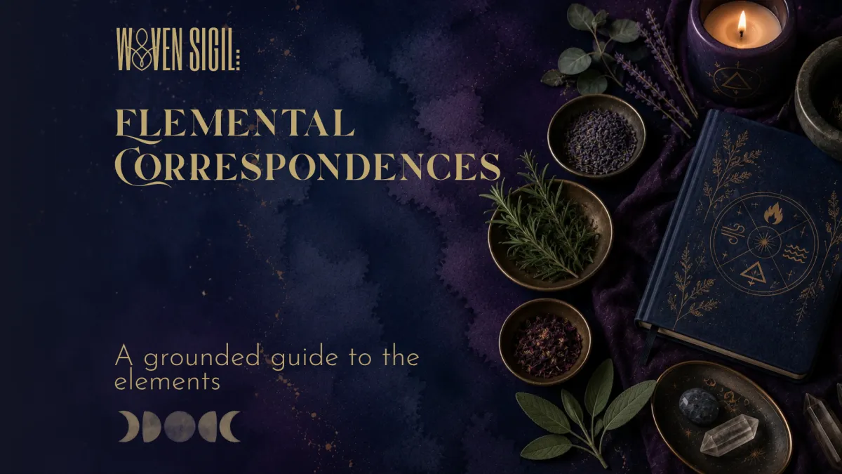 Blog post header image with book, herbs and candle for Elemental Correspondences article