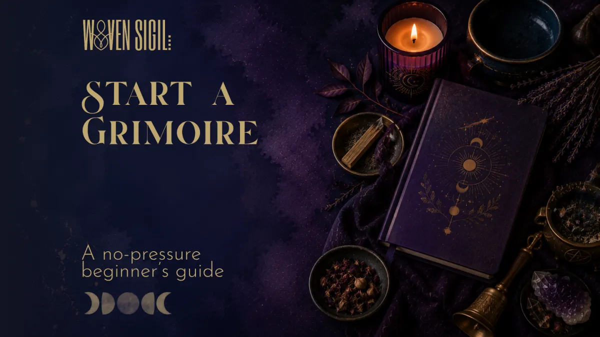 Blog post header image with book cover and candles for How to Start a Grimoire