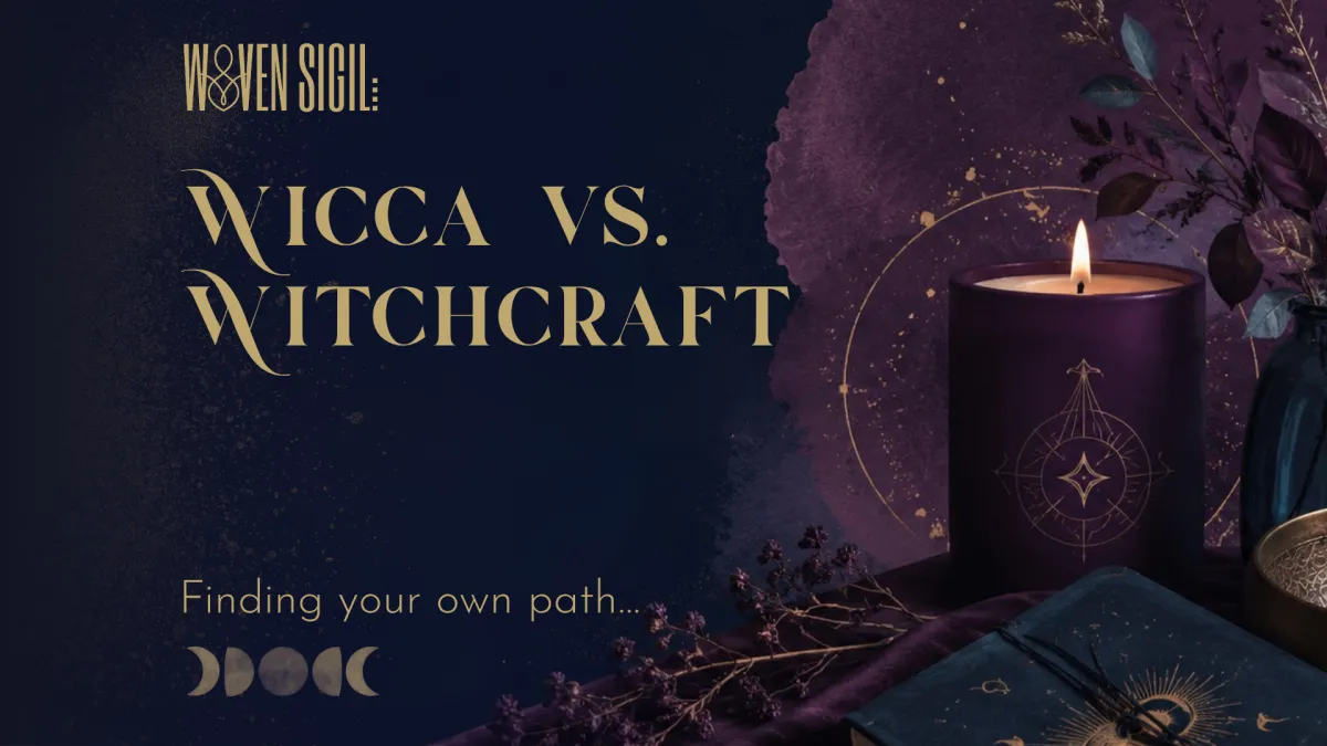 A single lit candle beside a notebook, Wicca vs Witchcraft beginners guide by Woven Sigil