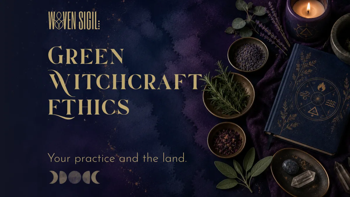 An herbal journal surrounded by small dishes of dried herbs for Woven Sigil's Green Witchcraft Ethics: Your Practice & the Land blog post header image