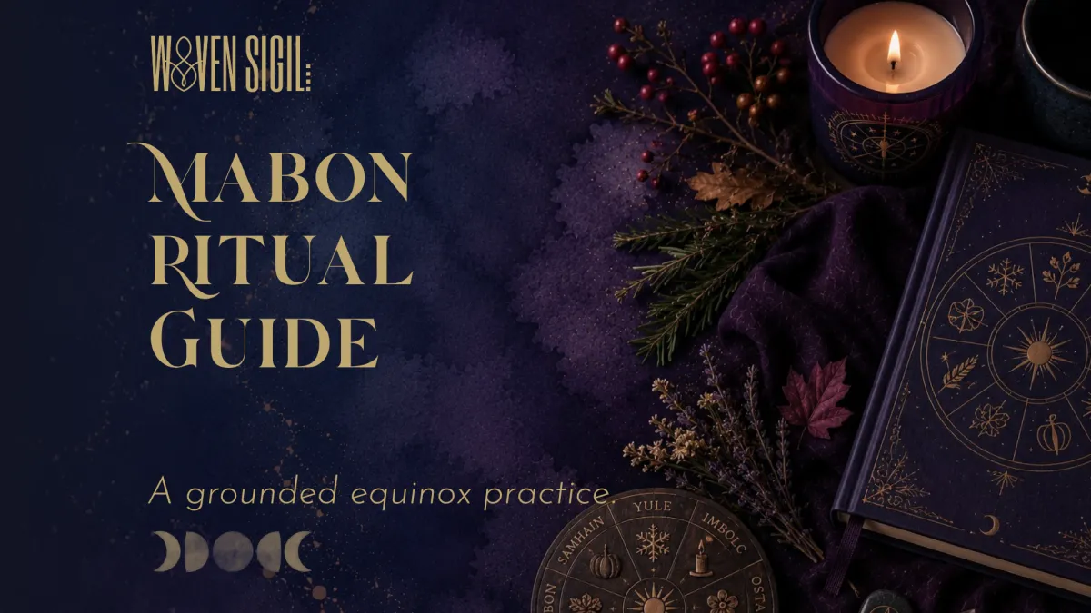 A journal and wheel of the year with herbs, leaves and a candle for Mabon Ritual Guide blog post header by Woven Sigil