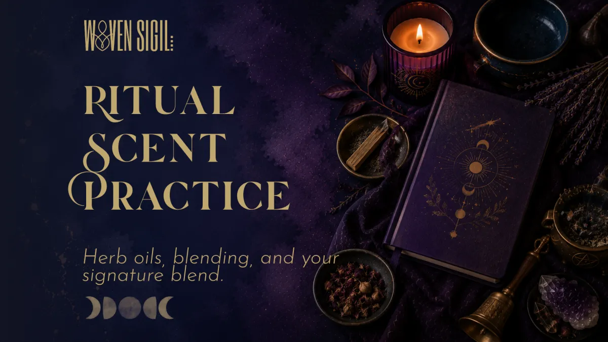 Lit candle, book and assorted herbs/scents on purple alter cloth for Woven Sigil's Ritual Scent Practice blog post header image