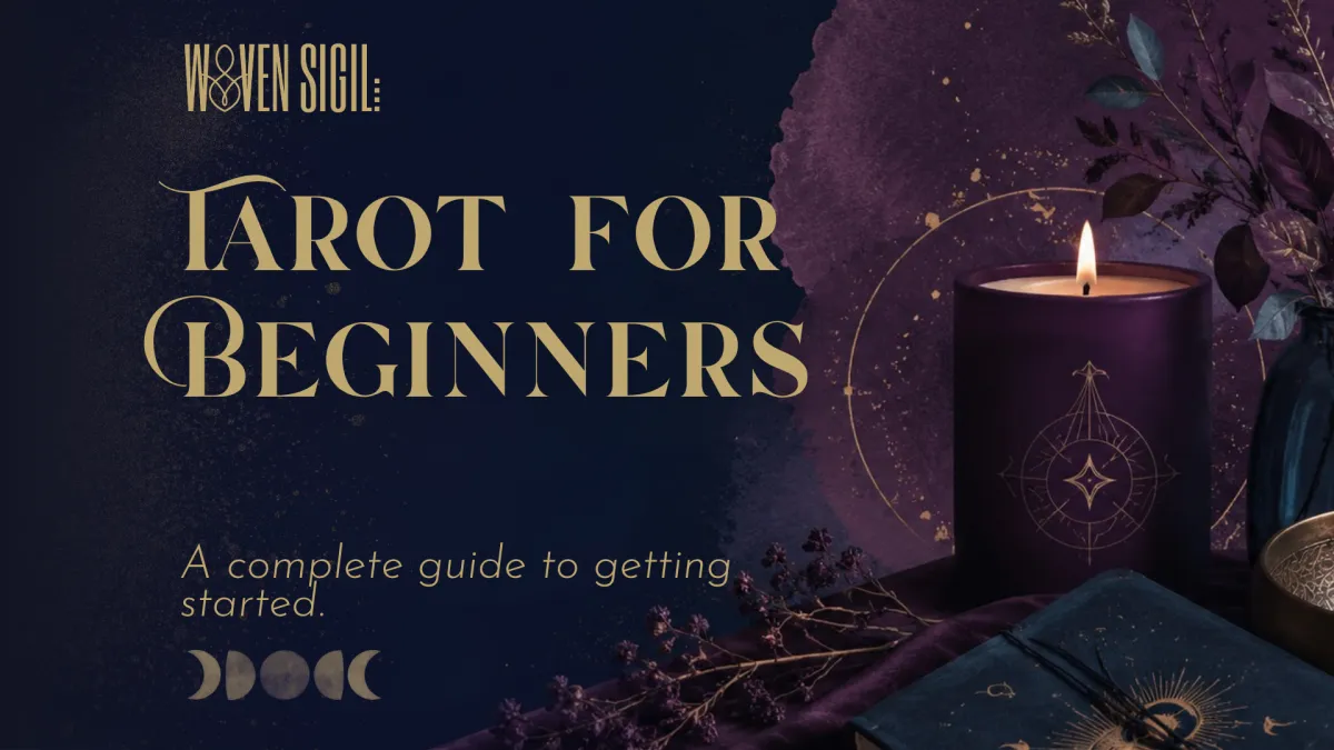 Lit candle and book on cloth alter with dried flowers for Tarot for Beginners blog post header