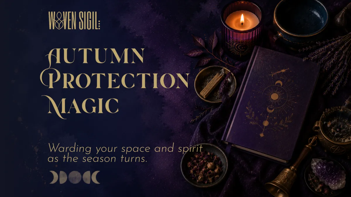 A hardcover book, lit candle and various herbs for Autumn Protection Magic blog post