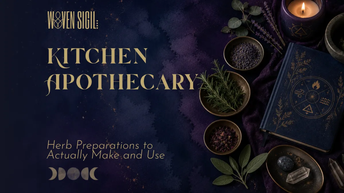 Autumn herbs, jars, and candles on alter for a seasonal kitchen witch apothecary