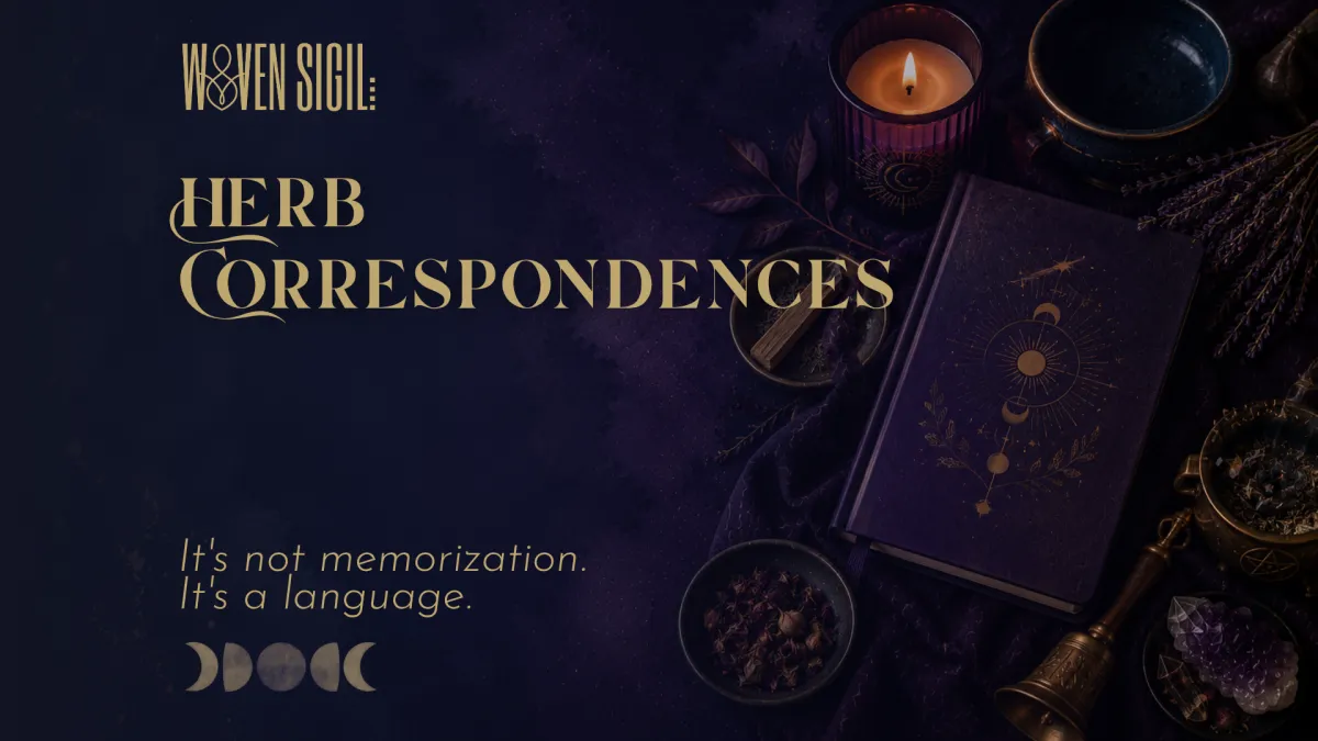 Dried herbs and notebook notes on a alter cloth representing the symbolic language of herb correspondences