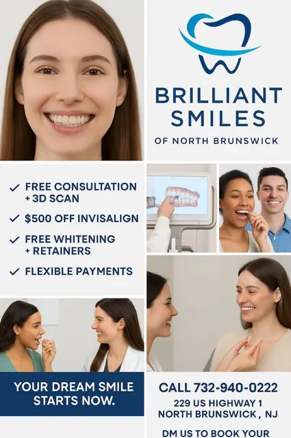 Smiling family of four in a modern living room with digital health screen, reflecting a welcoming dental care environment.