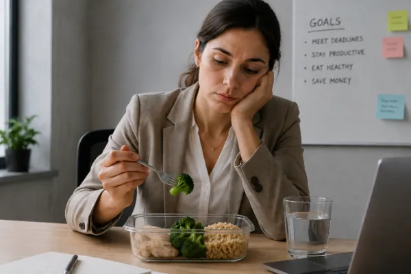 A professional eating healthy food but not happy