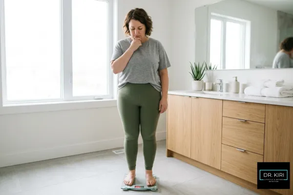 A woman checking her weight in the scale
