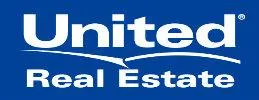 Logo for United Real Estate. The text 'United' is displayed in bold white letters, with a curved line beneath it, all on a blue background. Below the line, 'Real Estate' is written in smaller white letters.