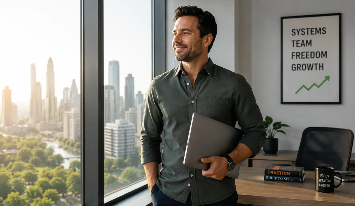 Confident professional with city view