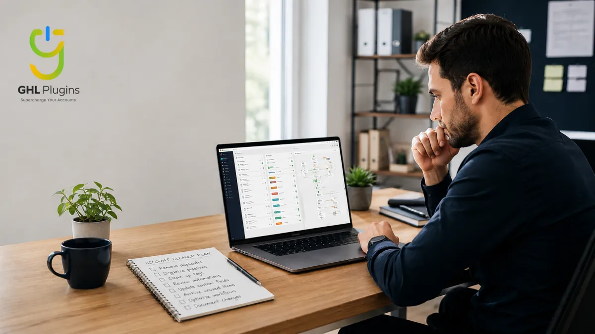 Business owner reviewing a cluttered GoHighLevel account on a laptop before starting an account cleanup