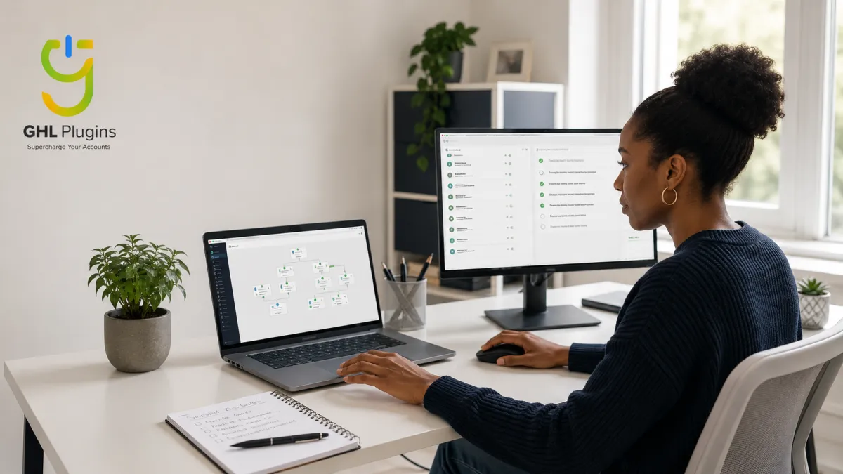 Agency owner reviewing a GoHighLevel snapshot and automation setup before importing it into an account