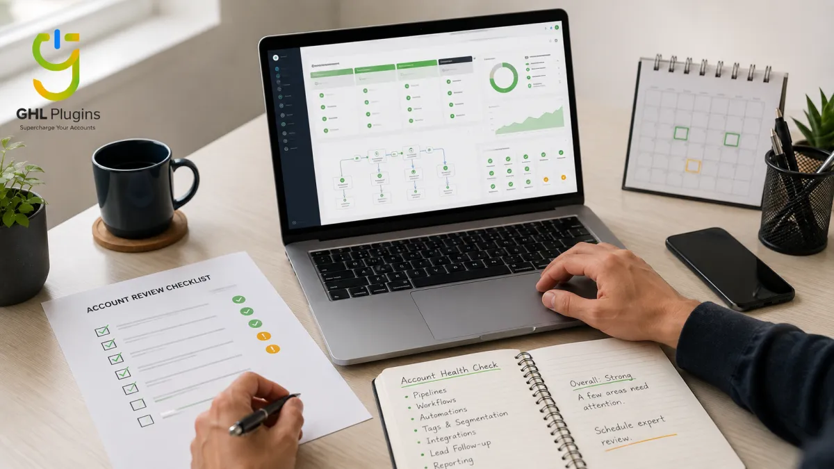 GoHighLevel account health checklist showing healthy areas and warning signs that need review