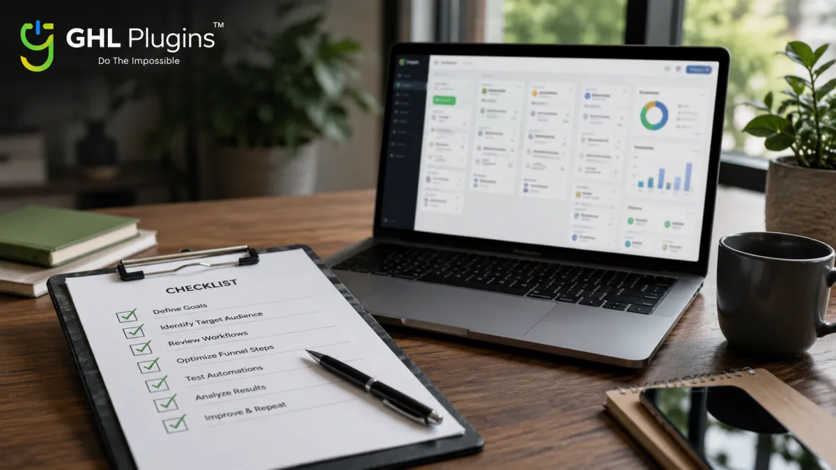 Agency owner using a hiring checklist to evaluate a GoHighLevel Virtual Assistant's CRM expertise, workflow automation skills, communication, and technical experience.