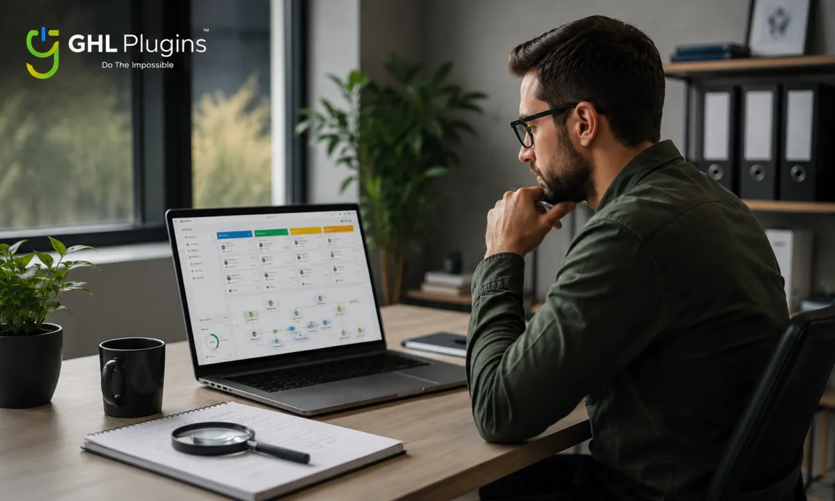 GoHighLevel expert auditing a CRM account to identify workflow errors, automation issues, pipeline problems, and opportunities for system optimization.