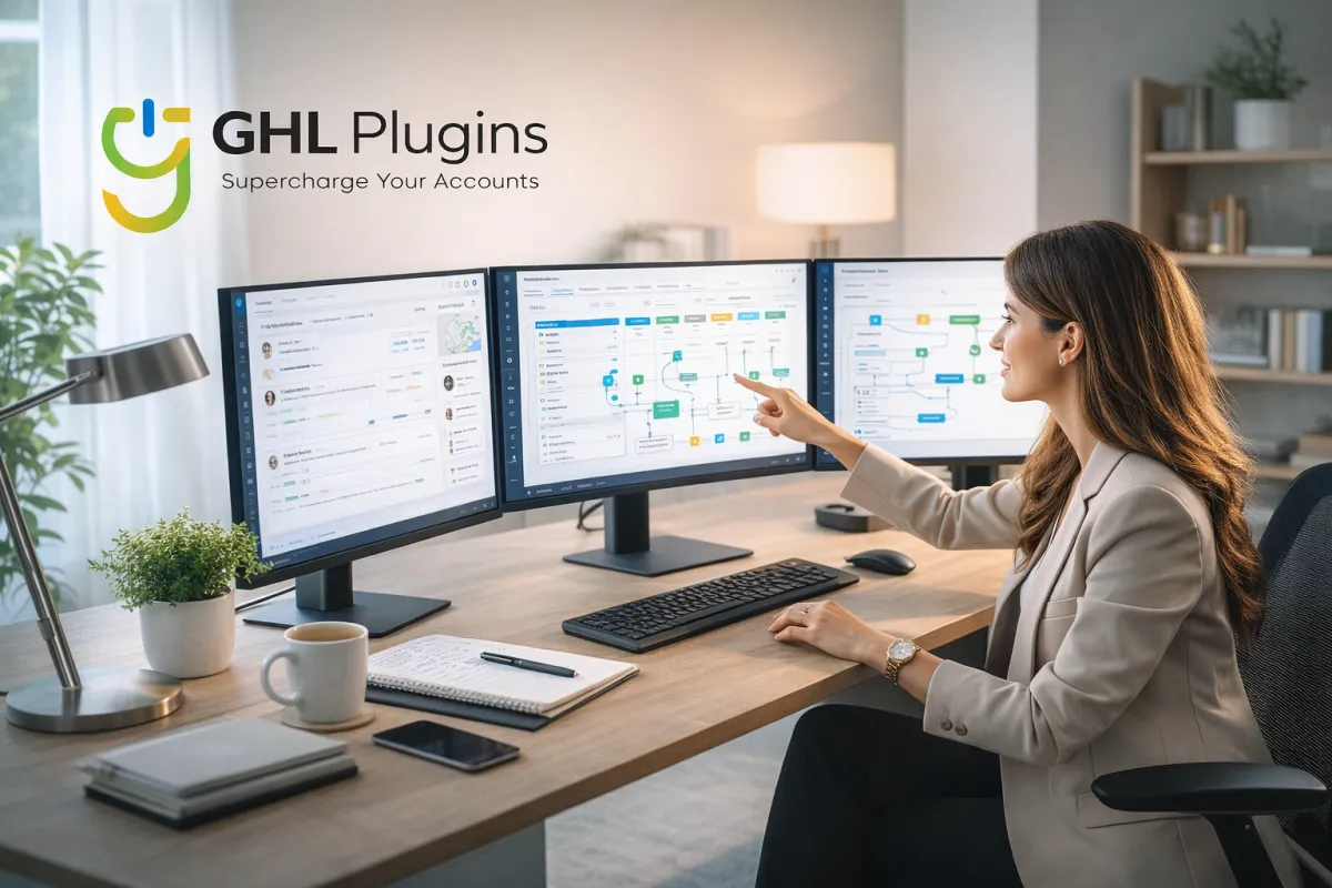 Professional GoHighLevel VA working on CRM automation workflows and client management systems