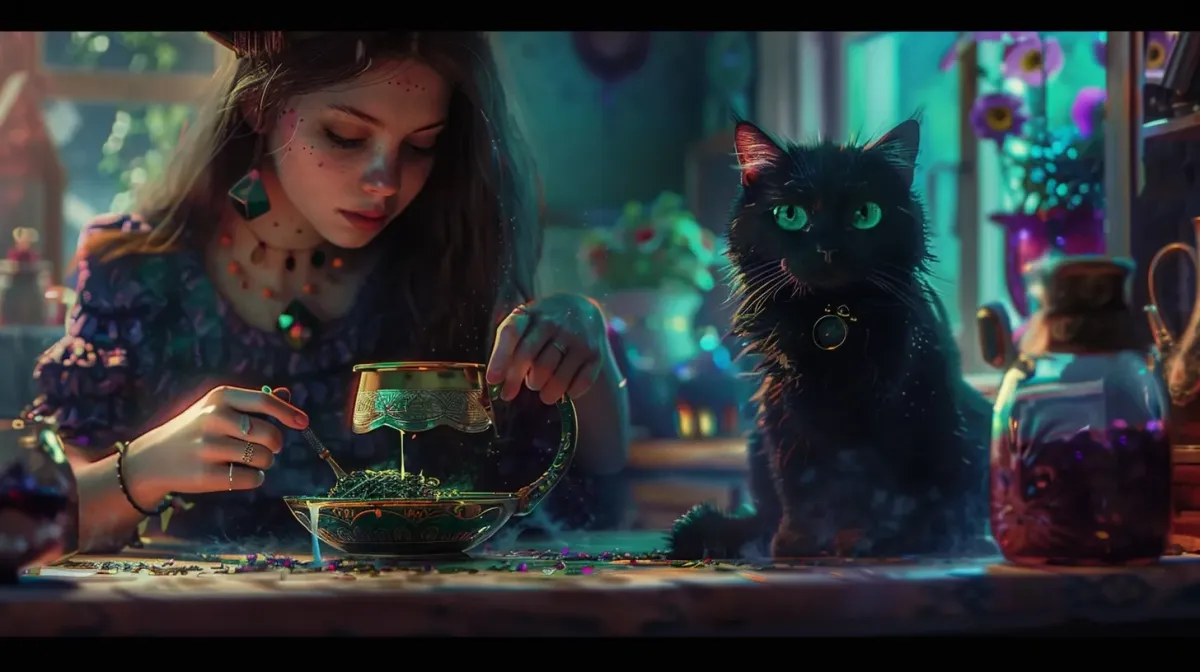 Ai image of a witch stirring in her tea with a black cat sitting next to her