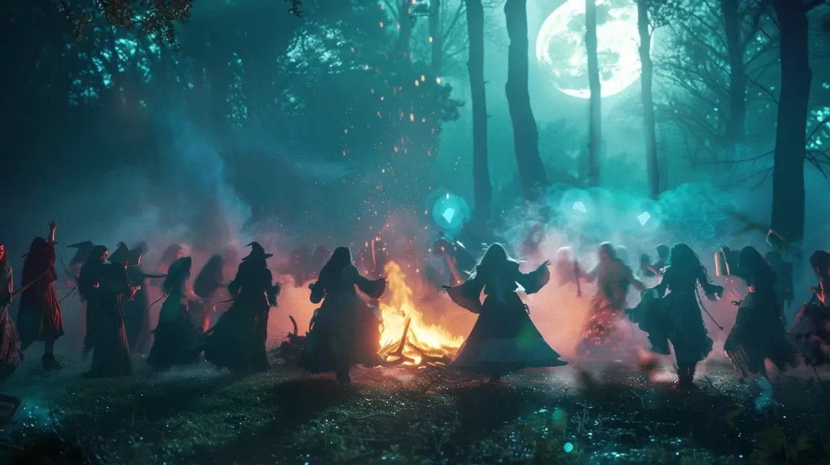 AI image of a group of witches dancing around a bon fire in the forest on the full moon