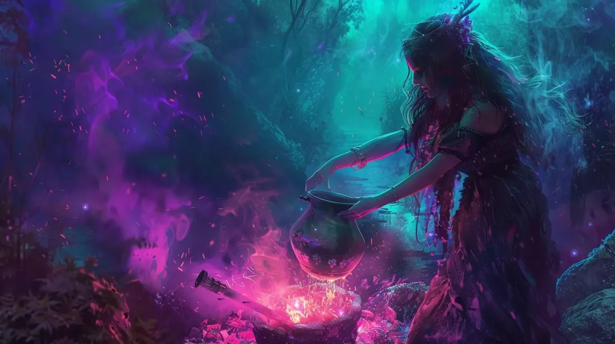 ai image of a witch placing a cauldron in a magical fire