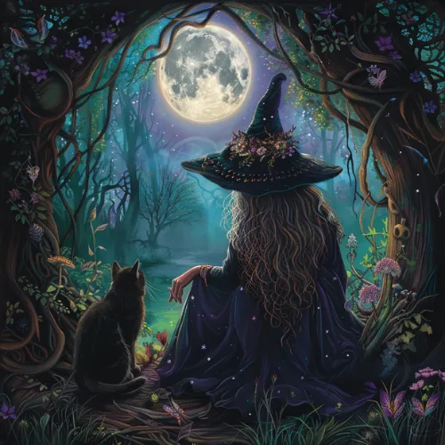 Ai image of a witch stirring in her tea with a black cat sitting next to her